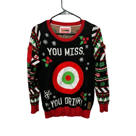 Tipsy Elves Men’s Drinking Game Ugly Christmas Sweater Size M Red Black Pullover - Picture 3 of 9